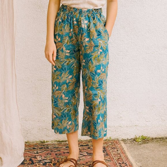 CYNTHIA ROWLEY Women's Green Linen Wide Leg Elastic Waist Pockets Casual Pants L - Picture 1 of 5